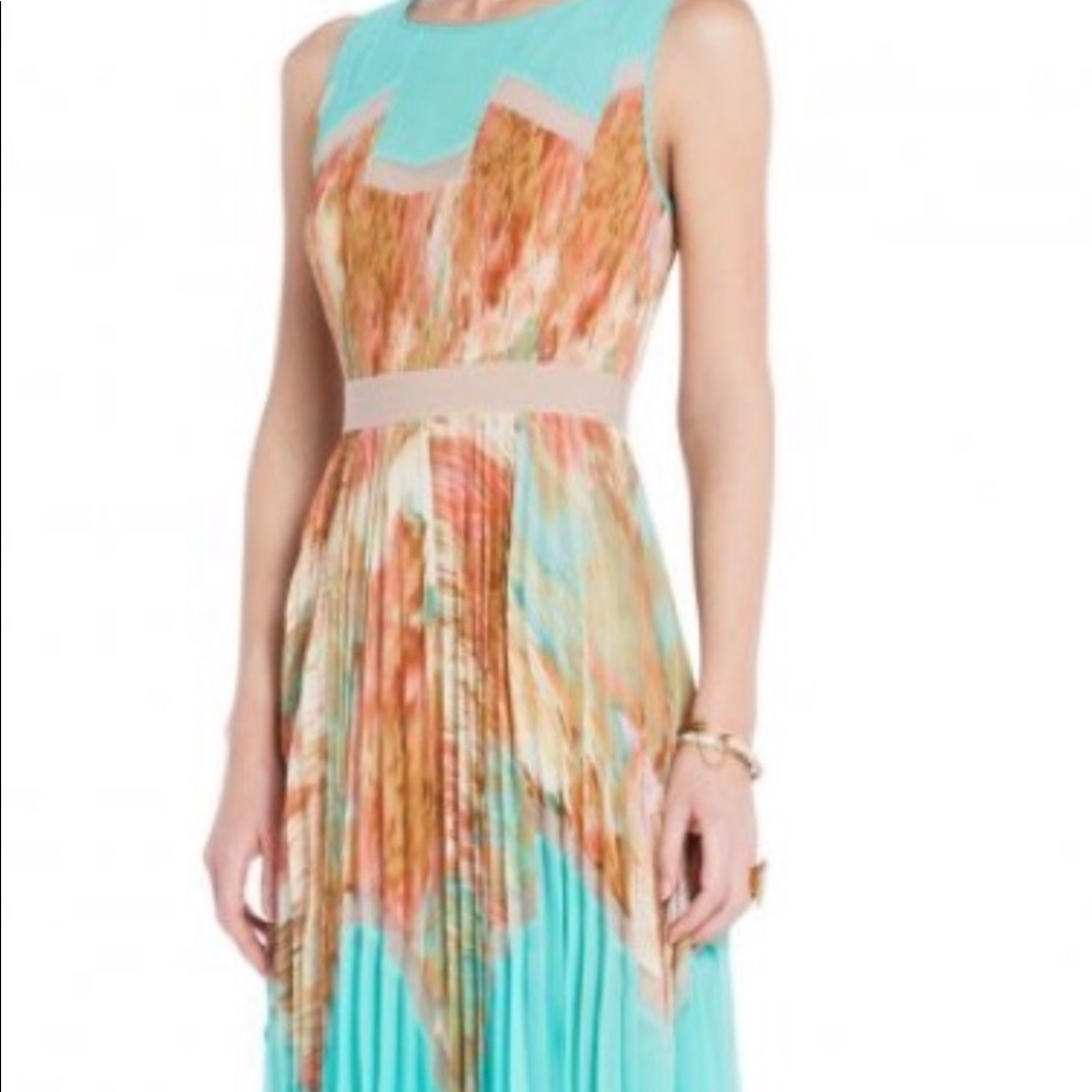 BCBG Ksenia Patterned Aqua Pleated Dress